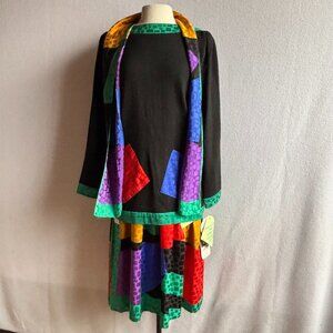 1980s Colorful 3-Piece Set Dress Sweater Scarf NWT NOS